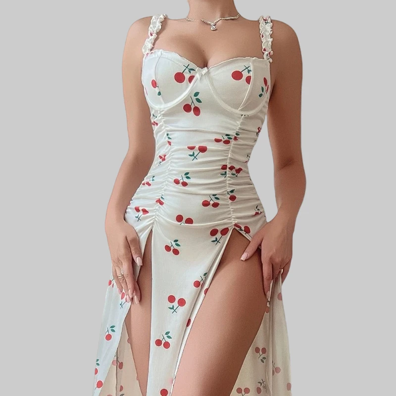 

Tornova Sexy Lingerie Suit for Women Cherry Printed Sling Women's Dress Pajama Thong Set Sexy Backless Long Slit Dress Set New