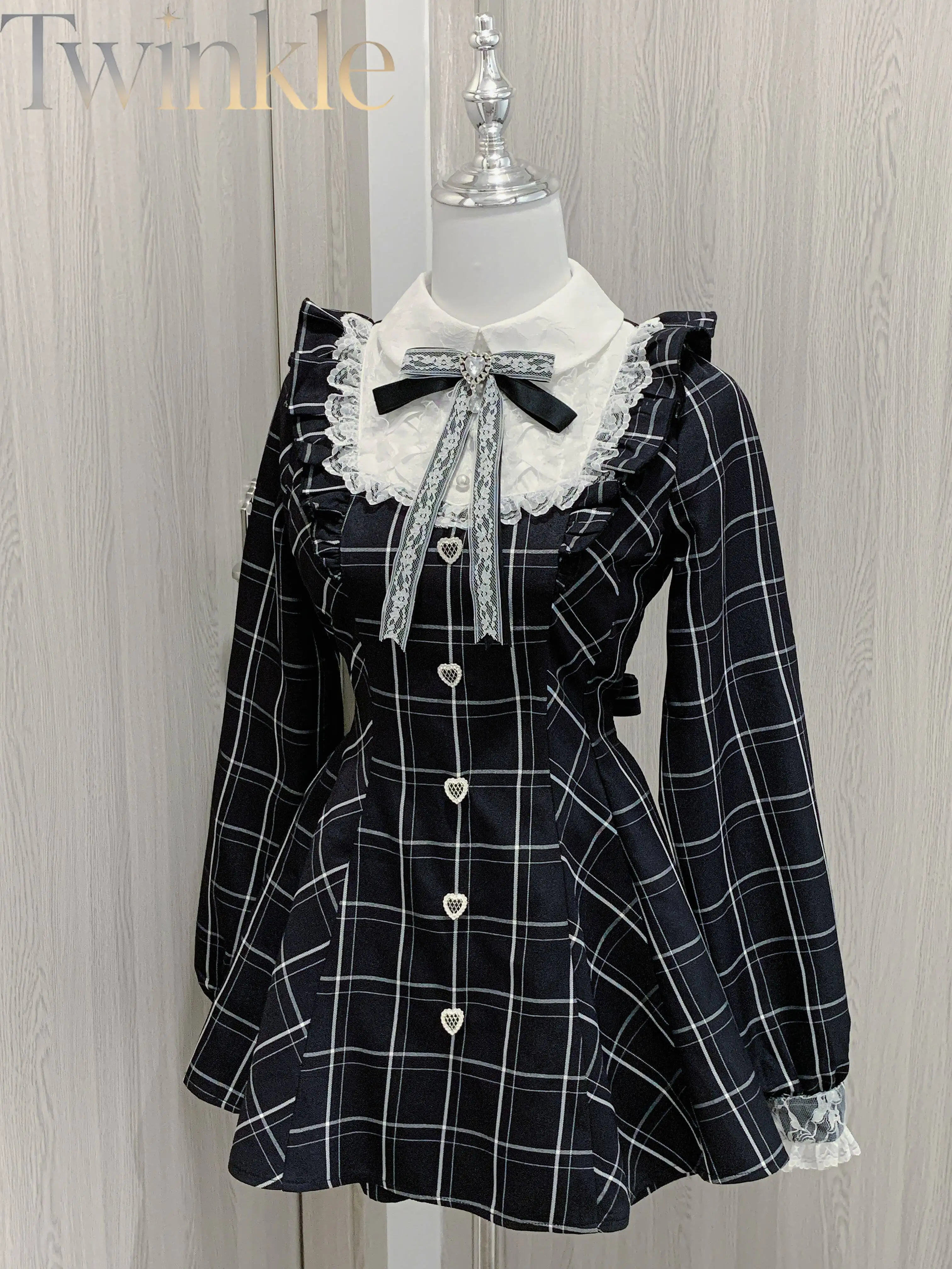 Women's Black and White Plaid Dress Set JK Style Soft Girl Long Sleeve Bow Lace Japanese Kawaii Two-Piece Outfit