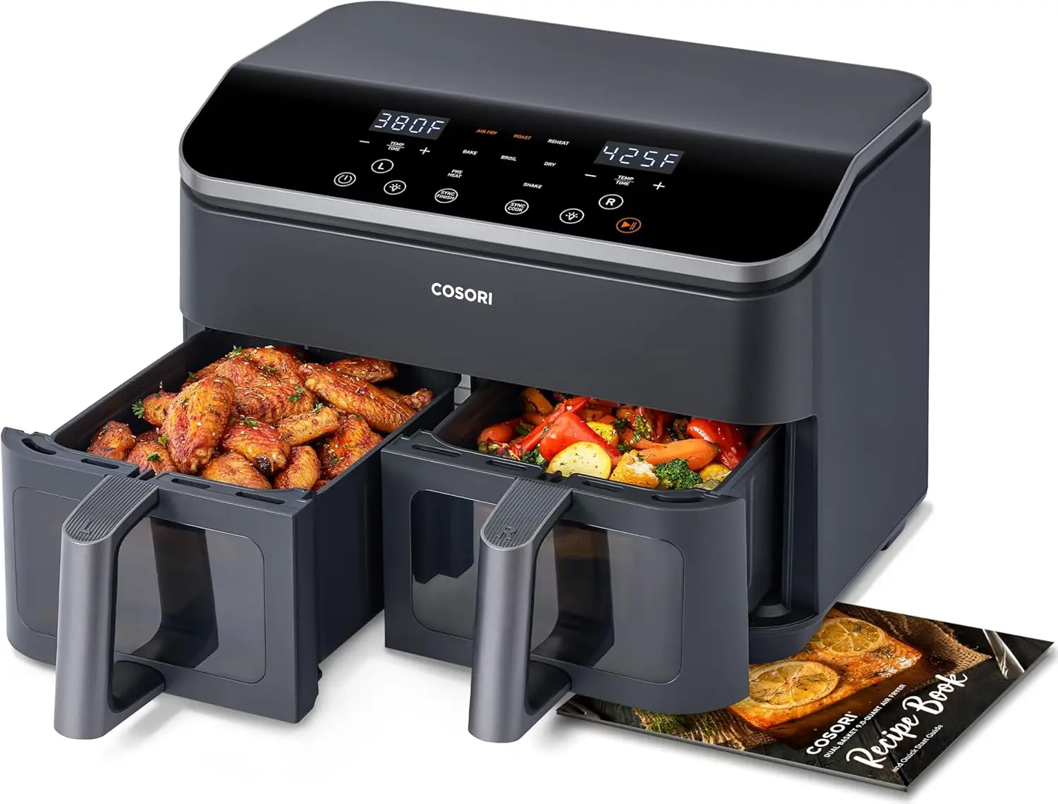 9Qt 10-in-1 Dual Air Fryer, Fresh Balanced Meals for Family and Children with Double Baskets, Sync Cook & Finish to Bake, Roast,