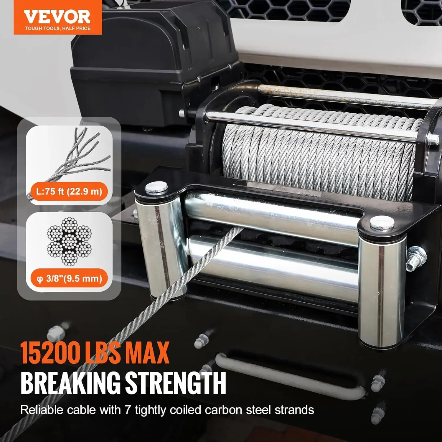 Galvanized Steel Winch Cable, 3/8 Inch x 75 Feet 15,200 lbs Breaking Strength, Wire Winch Rope with Swivel Hook