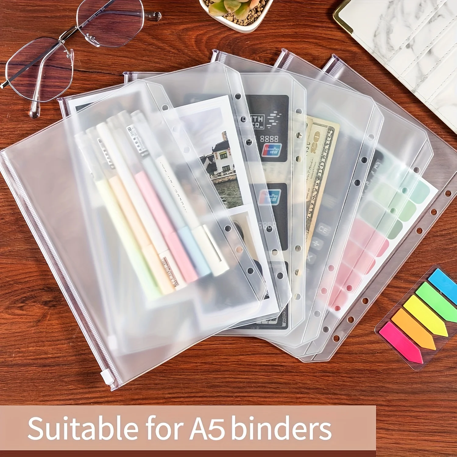 15/25 قطعة جيوب بسحاب A5، مجلدات شفافة مع 6 فتحات، مناسبة لأجهزة الكمبيوتر المحمولة ذات 6 حلقات، منظم ملفات PVC مقاوم للماء