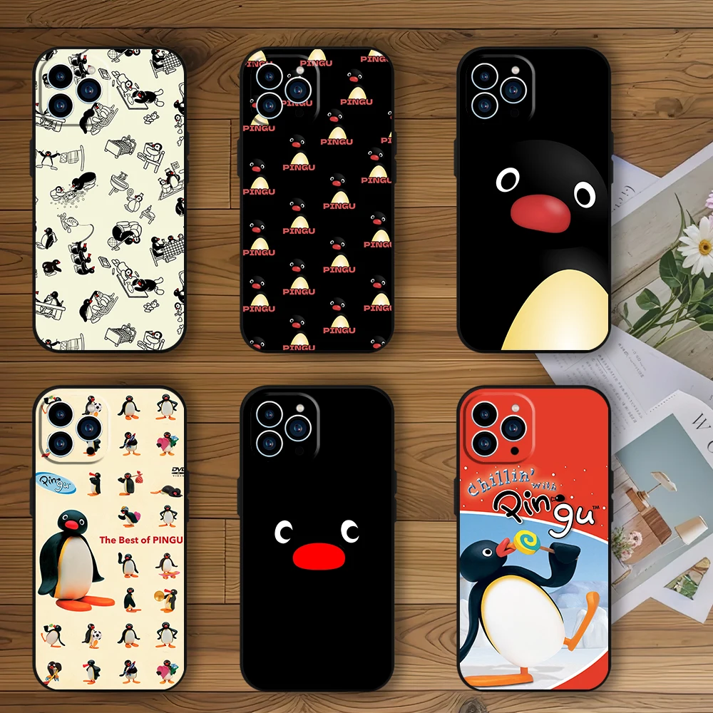 Cartoon P-Pingu Penguin Cute Phone Case for iPhone 12 11 13 14 15 16 Max Pro Plus Black Soft Silicone Cover