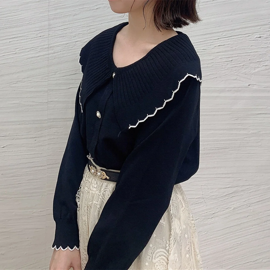 

ANNUUS Японский вязаный свитер с длинными рукавами, однотонный, с большим воротником, декорированный, осенняя новинка, женский милый топ