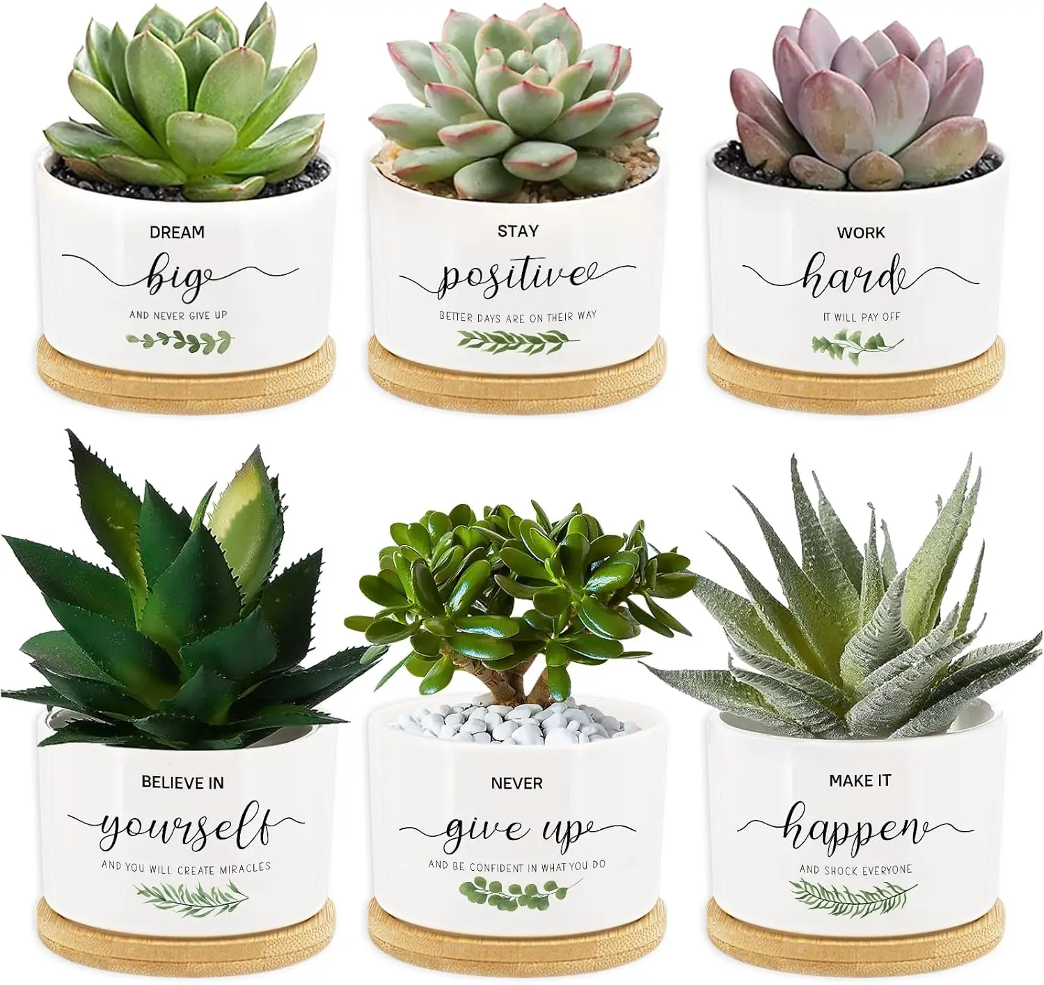 

Набор из 6 мини-керамических горшков для суккулентов с бамбуковым поддоном, кашпо для подарков учителям, коллегам, сотрудникам, медсестрам, друзьям