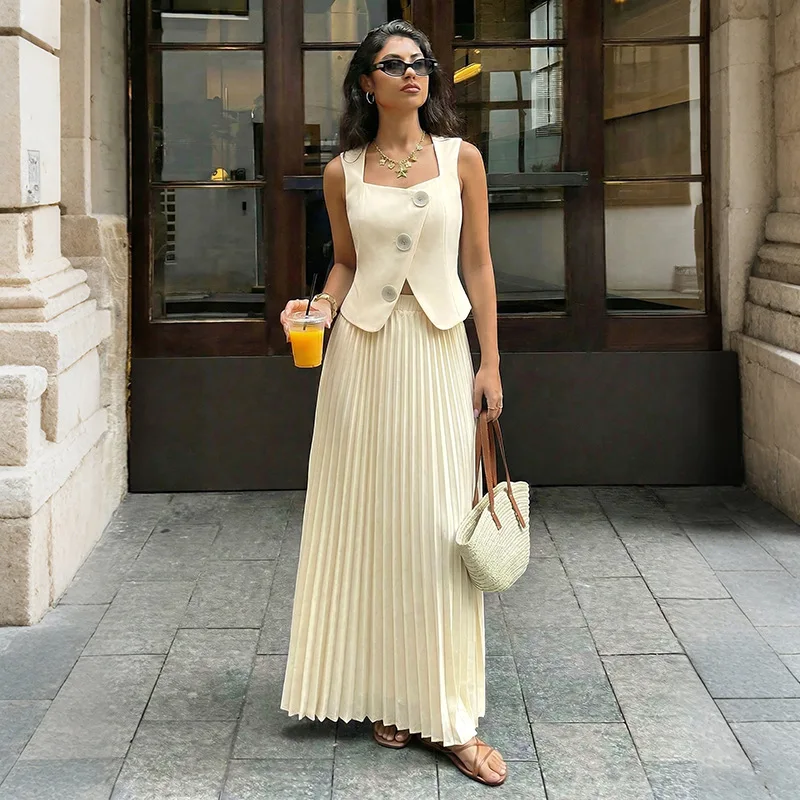 Two Pieces Women Dress Sets Solid Matching Set Button Sleeveless Coat Pleated Ankle Length Empire Waist Skirt Casual 2026 Summer