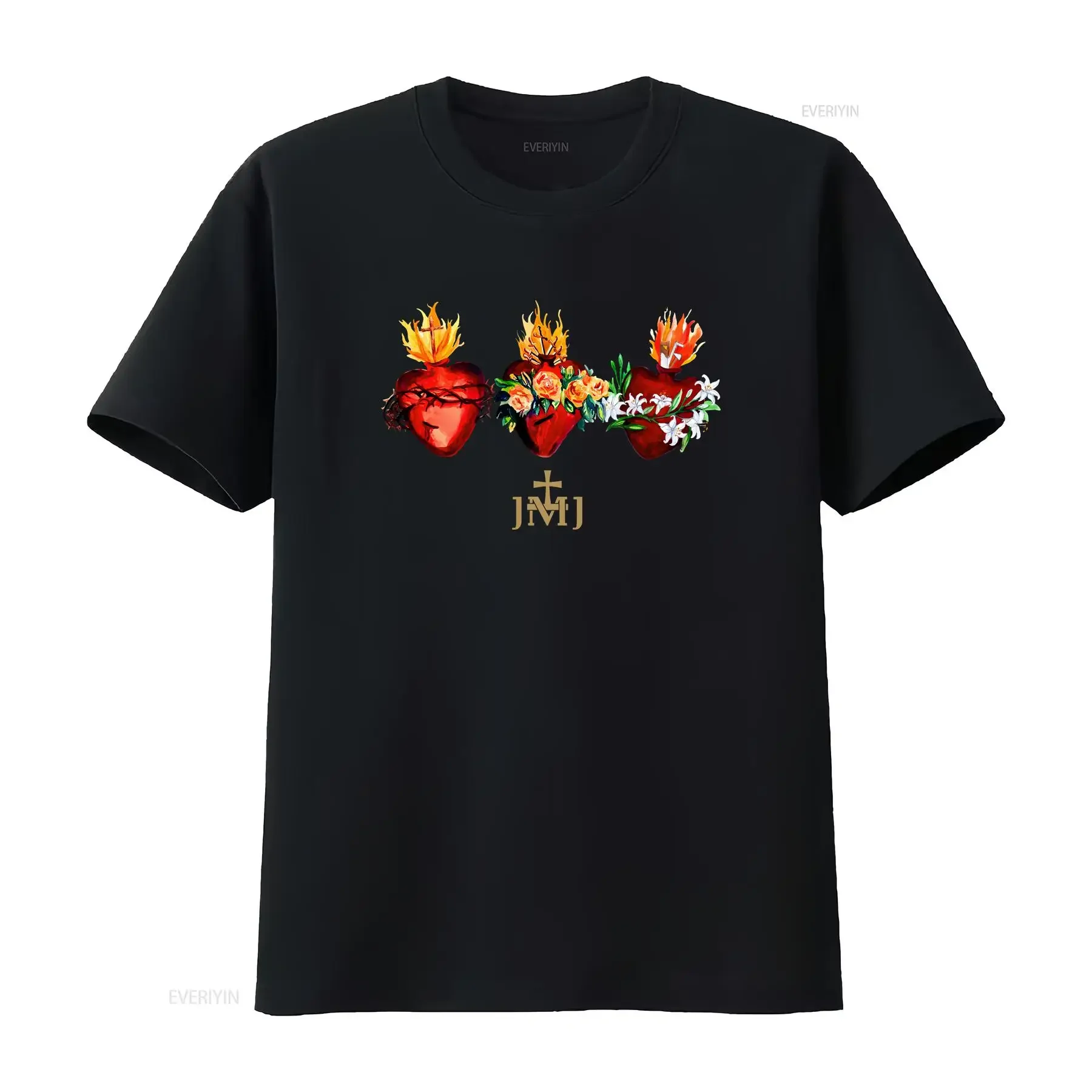 Three Sacred Hearts of Jesus Mary Joseph JMJ Catholic T Shirt vintage Washed fashion Breathable streetwear Unisex homme