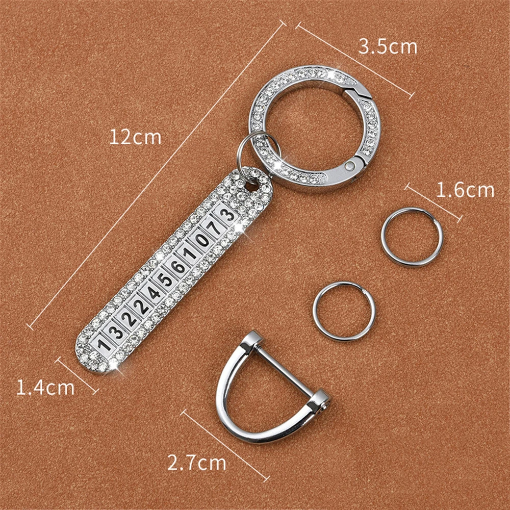 1pc Phone Number Tag Keychain Luxury Rhinestone Anti-lost Metal Key Chain Women Men Buckle Car Keyring Holder Jewelry Gifts