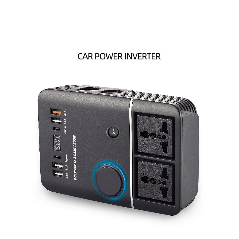 

1661 200W Vehicle Inverter 12V To 220V QC3.0 PD3.0 Fast Charging Car Inverter W/2.1A USB Port and Type-C Port Cigarette Lighter