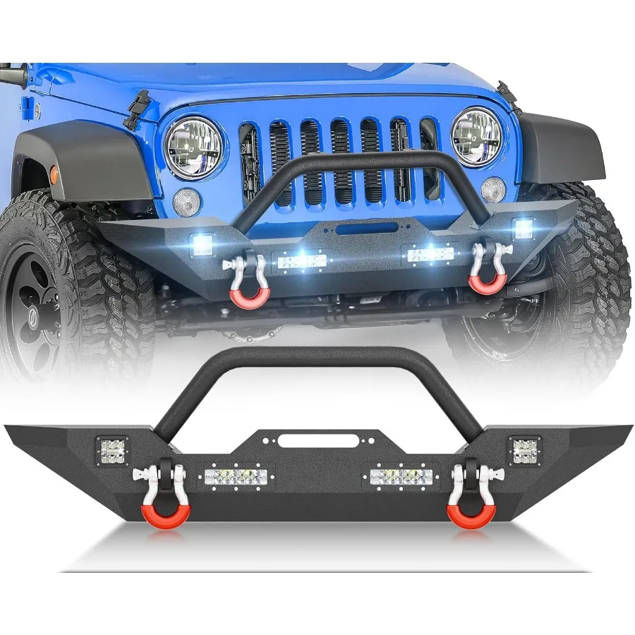 المصد الأمامي لموديلات Wrangler JK JKU JL JLU Gladiator JT 2007-2026 مع لوحة ونش LED أضواء شريط الثور وحلقات D المتوافقة #1