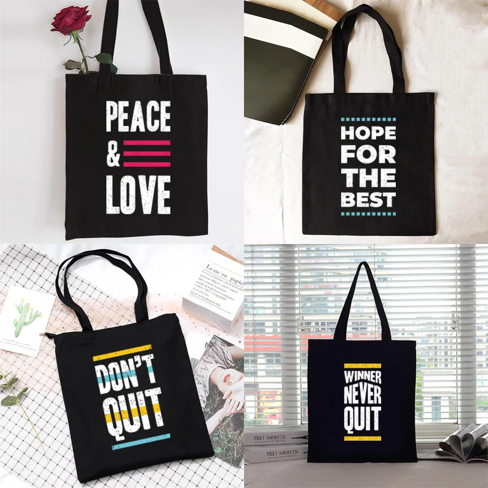 Shopping Bag Women Handbag Shoulder Bag Ladies Shopper  Canvas Bag Reusable Commute Large Capacity School Tote Bag Phrase Print