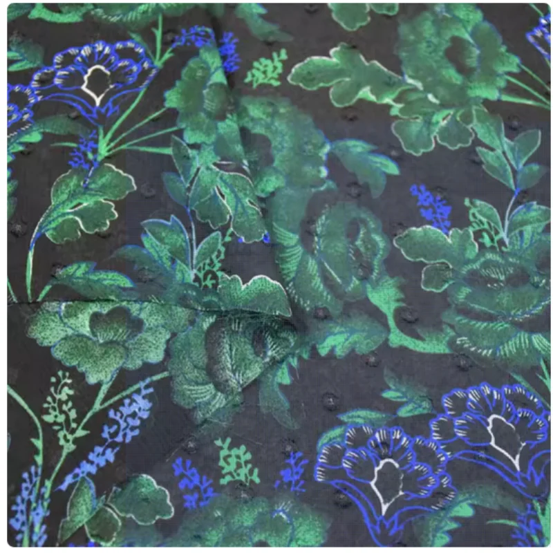 China Wind Black Bottom Emerald Green Flower Print, Chiffon Fabric, Dress, Shirt, Cheongsam,Handmade Sewing Tissue, Transparent