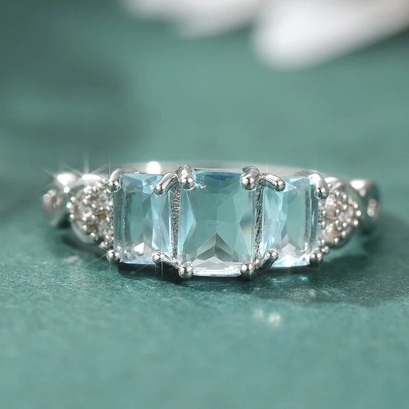 Eleganter Eingelegter Weißer Meeresblauer CZ Damenring Trendiger Silberfarbener Geometrischer Alltags- und Partyschmuck Jubiläumsgeschenk – Detail 2