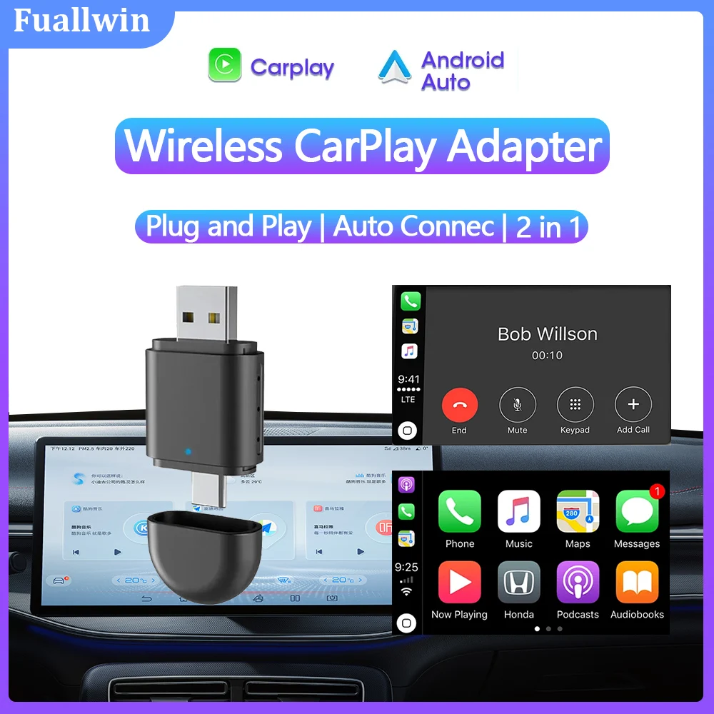 

2in1 Wireless CarPlay Adapter Android Auto Wireless Converter Smart USB Dongle USB Type-C Dual Connector WiFi Fast Connect