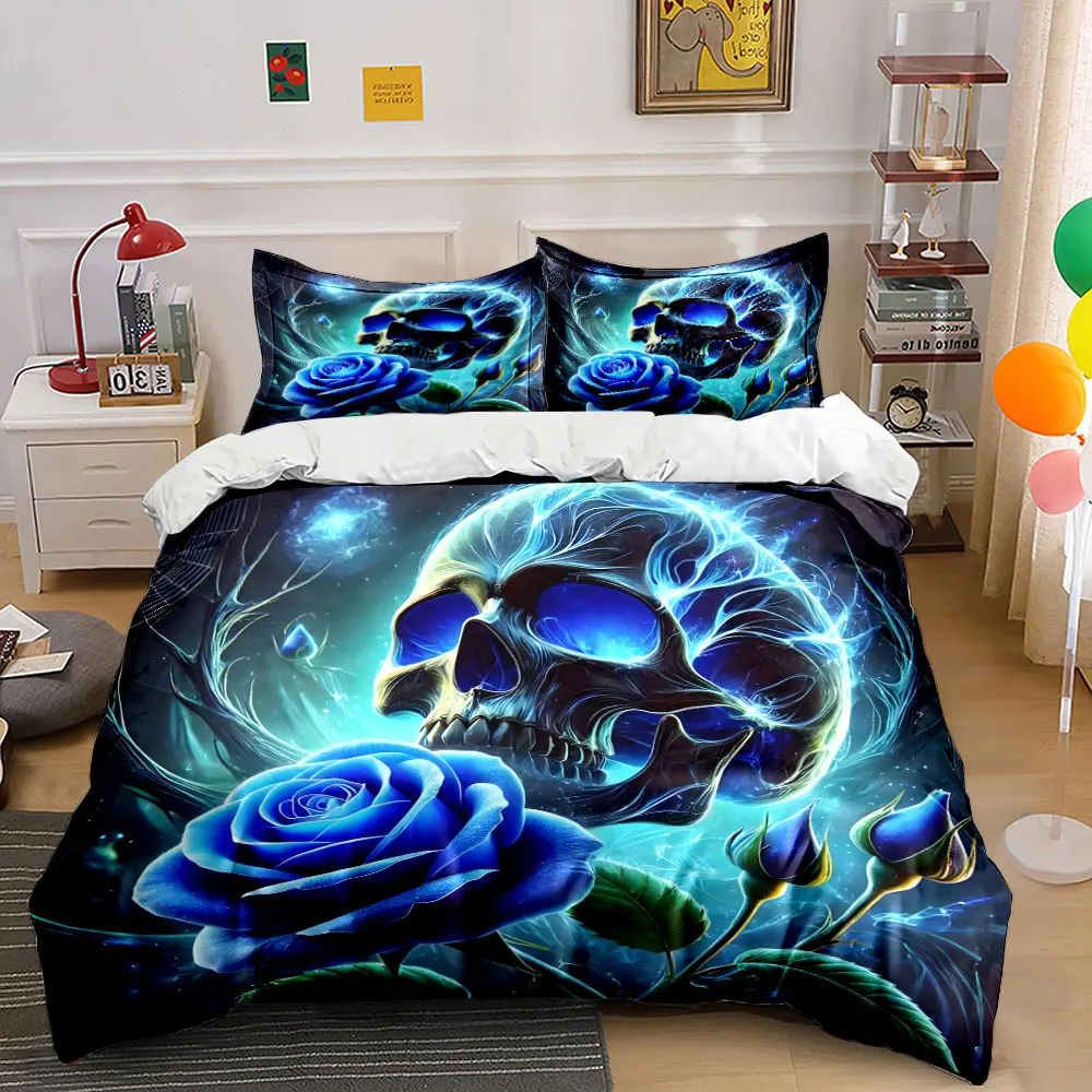 Mysterious scene of blue rose and eerie skull Print Bedding set 3PC 1 duvet cover 2 pillowcases adult and children bedding set