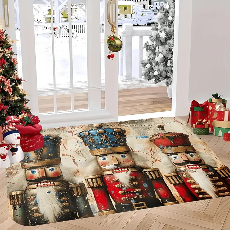 Vintage Christmas Nutcracker Soldier Flannel Doormat Retro Style Gift Snowman Anti‑Slip Absorbent Home Entrance Holiday Rug