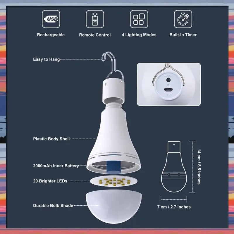 

AFBC USB Rechargeable Light Bulb, Battery Backup Emergency Light Bulb For Home Power Outage, Hanging LED Light Bulb,2PCS Easy To