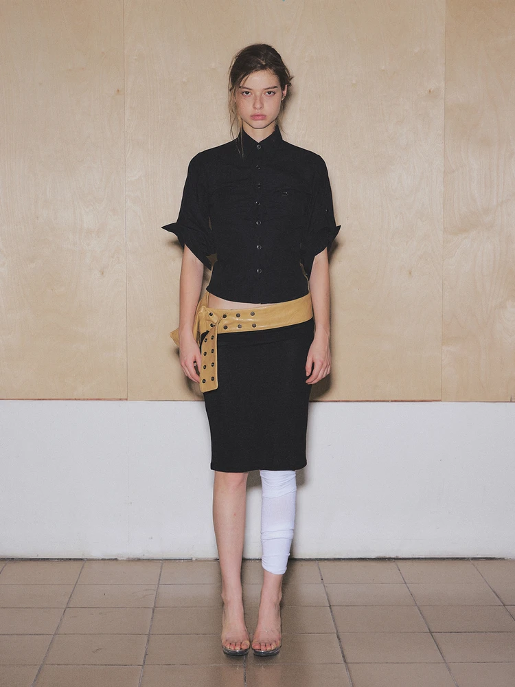 

Женский длинный воротник Cloud Wild Sve irt ort Sle Slim Fit ранней осени с завязкой на талии Bla irt Дышащий тонкий ...