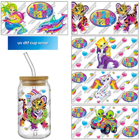 Popular cartoon Lisa Frank 16oz UV DTF 3D Transfers Sticker High Quality cup Wraps For Glass Can Cup Craft DIY Gift Creative