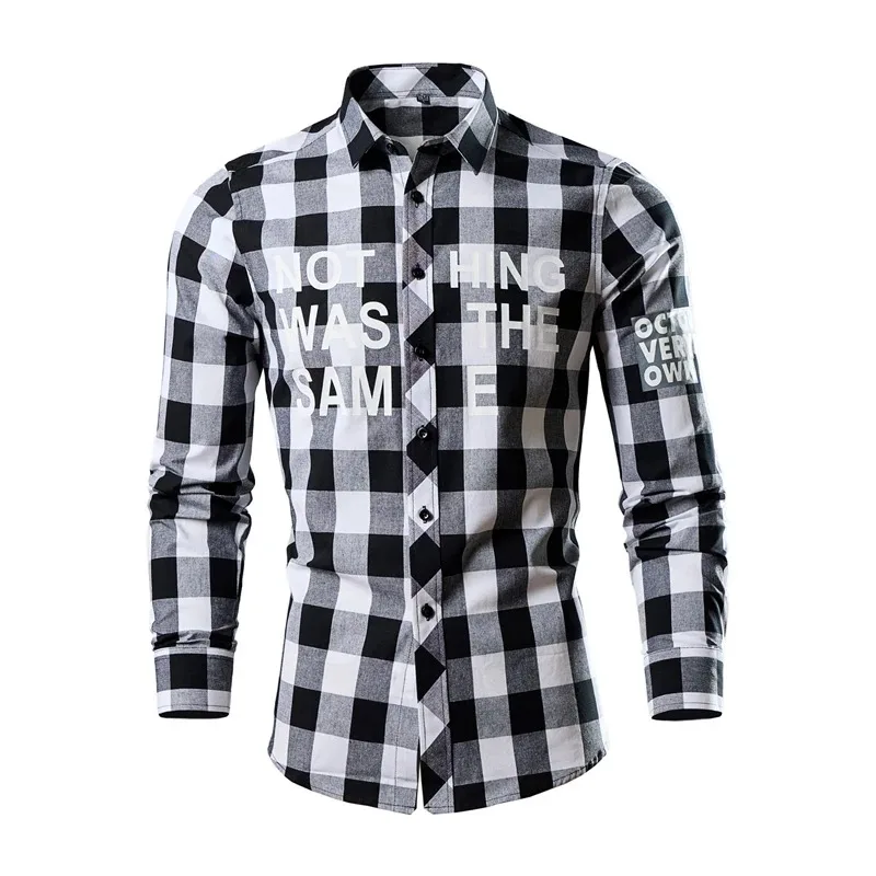 

Checkered Shirt Men's Retro Long Sleeved Letter Print Casual Men's Fashionable Street Clothing Shirt