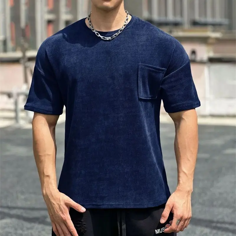 Streetwear Outdoor casual Loose men's T-shirt Crew neck short sleeve top Fashion pocket T-shirt menswear