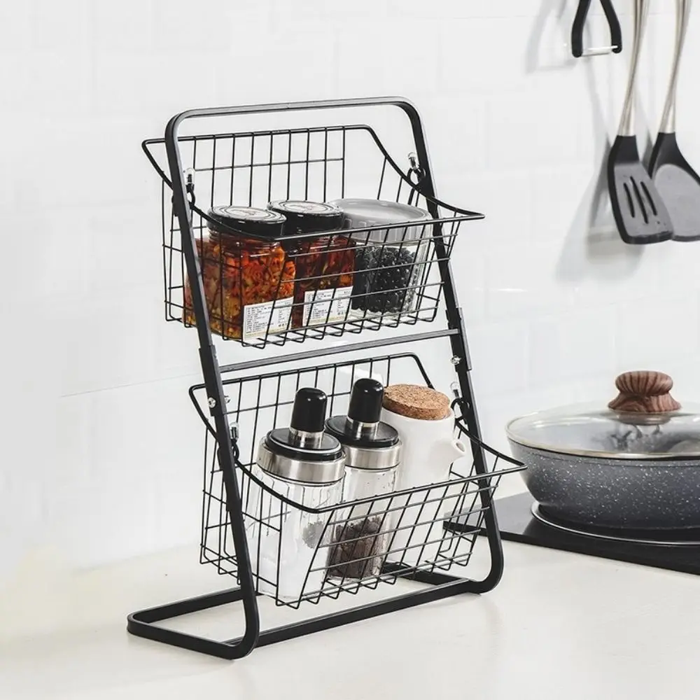 Iron 2-Tier Spice Holder Basket Detachable Rustproof Double Layer Fruits Holder Large Capacity Countertop Organizer Bathroom