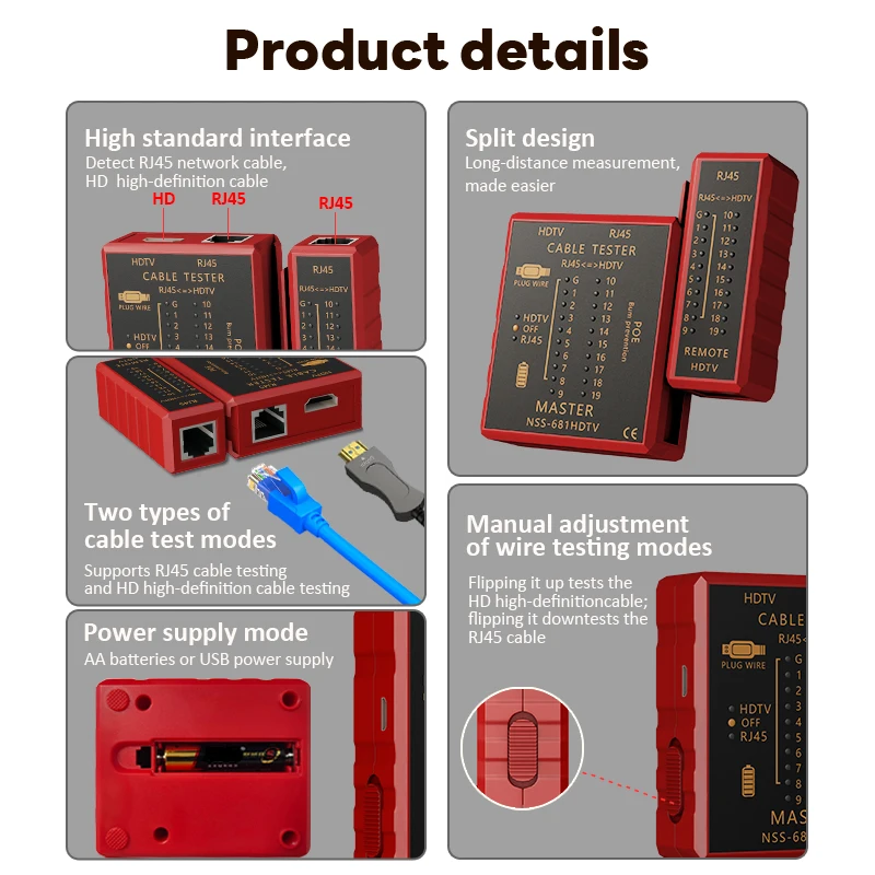 With HDMI Cable Tester RJ45 Network Cord Tester Anti Burn POE Protection Battery Power 8P8C 6P8C Transmitter Receiver Lan Tester