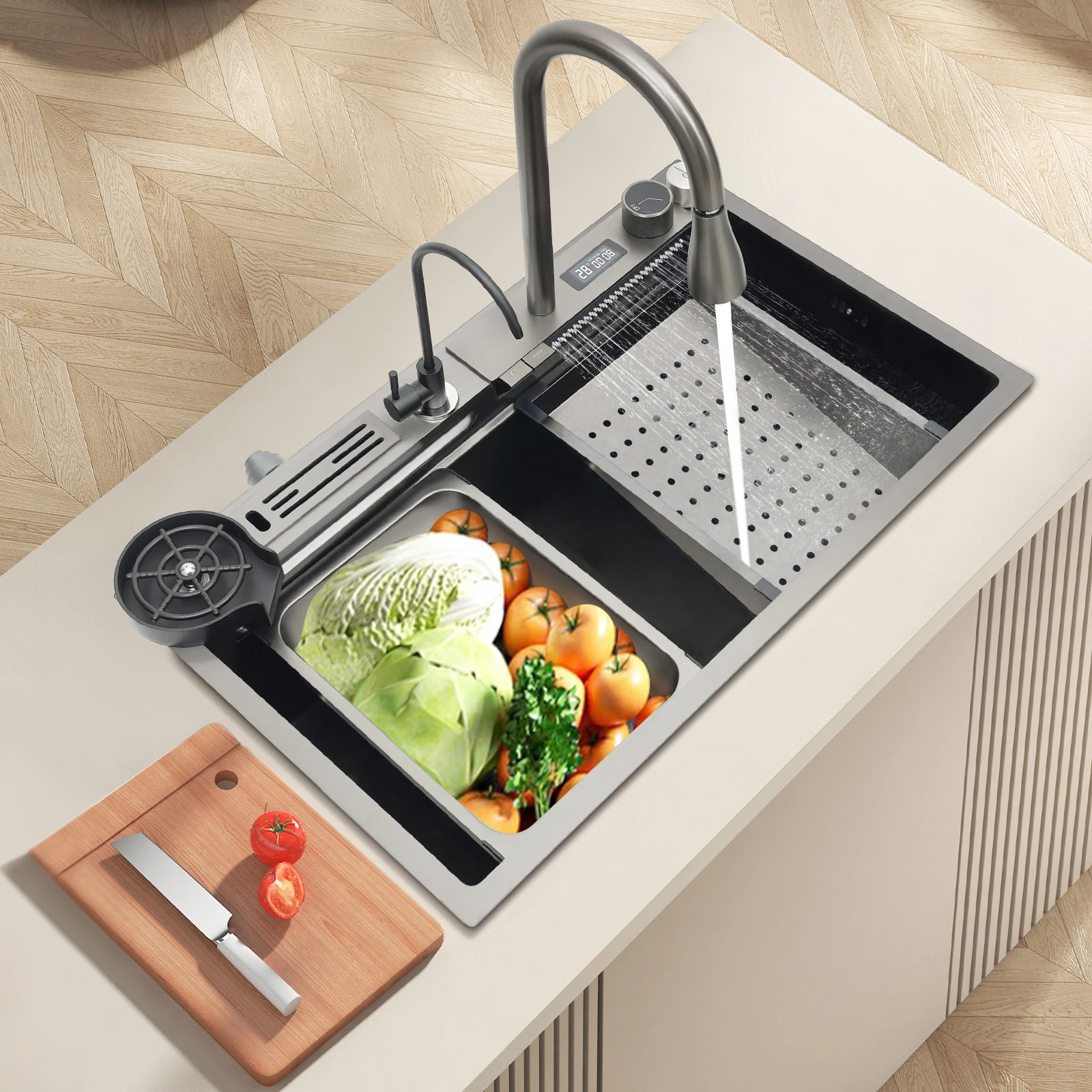 Évier de cuisine intelligent rectangulaire moderne argent 75x46x22cm avec contrôle intelligent de la température et de l'eau