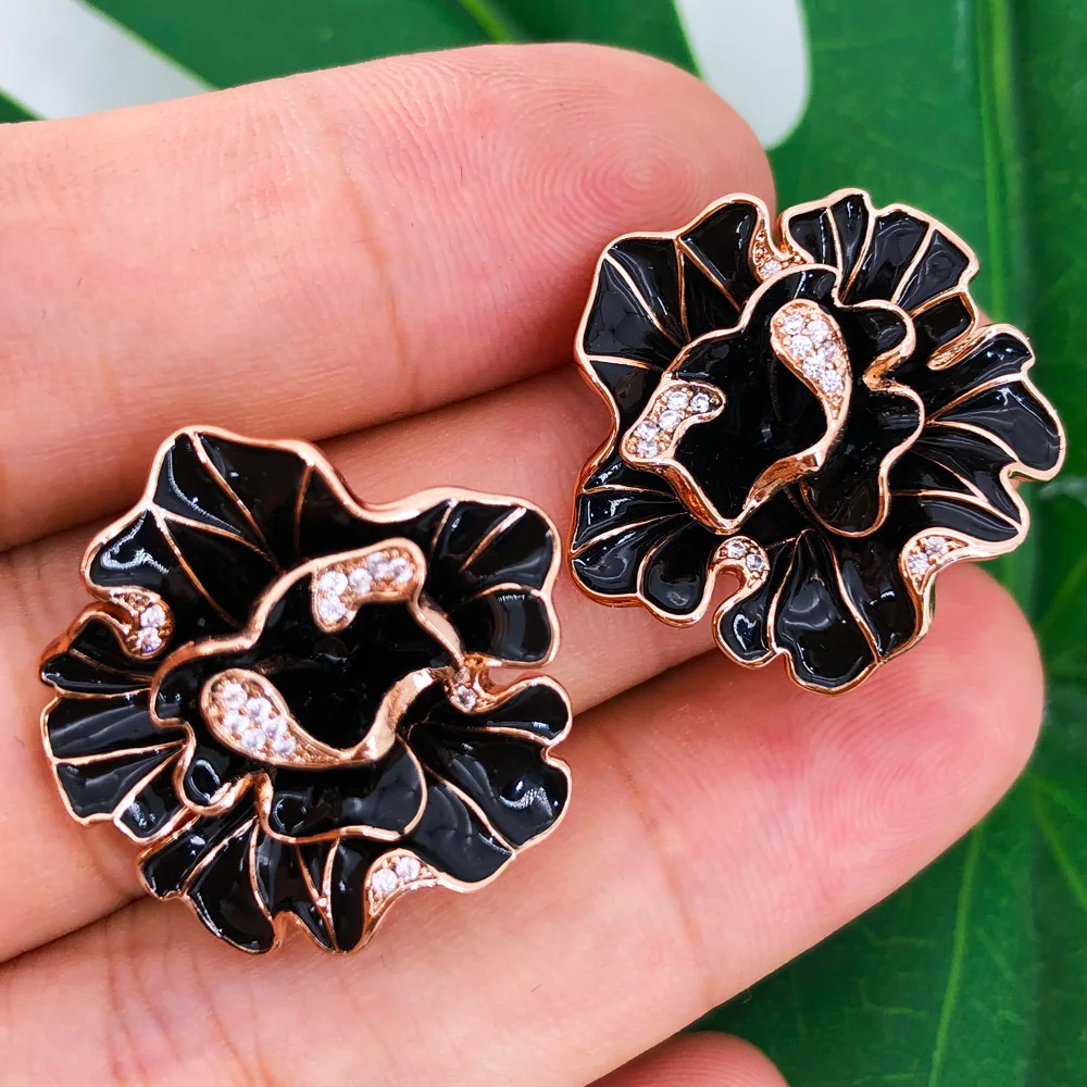 

Missvikki Luxury Shiny Bloom Black Stud Earrings Zircon Fashion Design Jewelry Sets for women Wedding Gift Dubai Bridal Jewelry