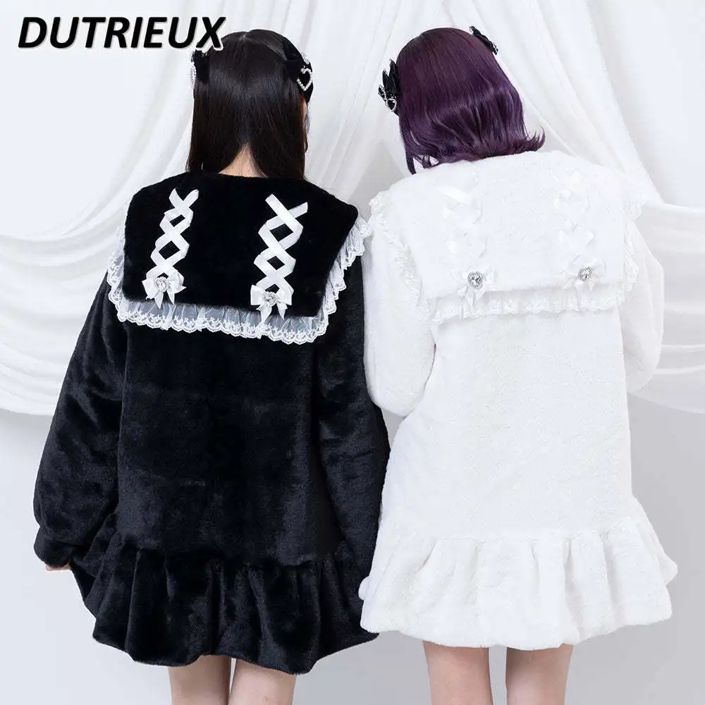 Fall Winter Japanese Sweet Coat Furry Loose Mid-Length Cotton Clothing Lace Strap Diamond Buckle Cotton-Padded Overcoat