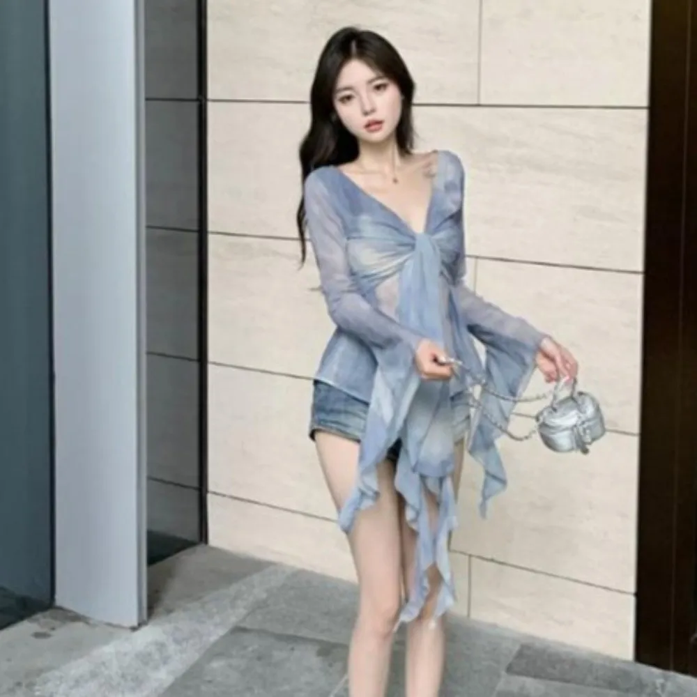 스트리트웨어 해파리 메쉬 벨트 티셔츠 엘프 긴팔 한국 Y2K 슬림핏 크롭탑 플리츠 칼라 투명