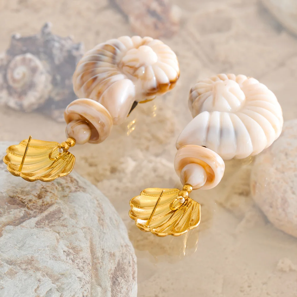 Mchic Stainless Steel Conch Earrings for Women Resin Layered Marine Element Design Holiday Daily Attractive Jewelry