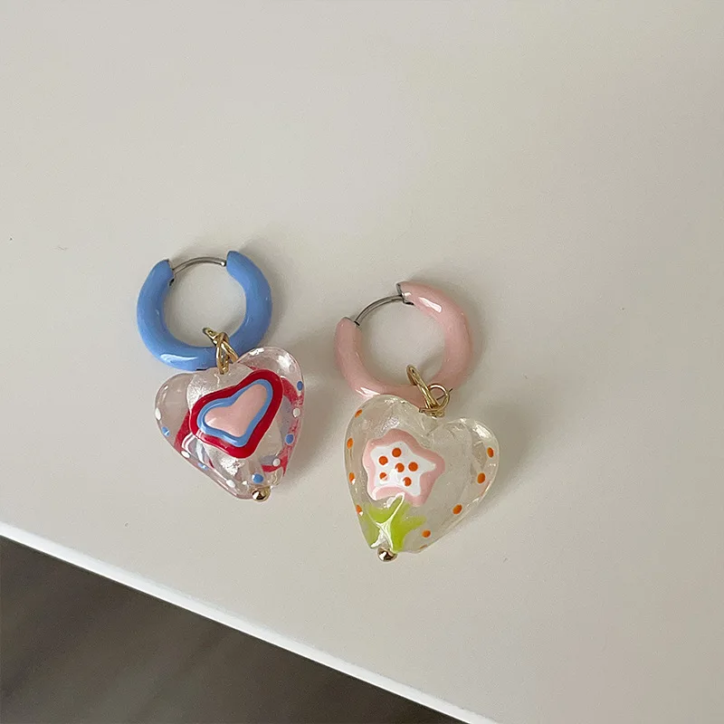 Minar Sweet Candy Color Enamel Clear Coloured Glaze Asymmetric Love Heart Hoop Earrings for Women Statement Party Daily Jewelry