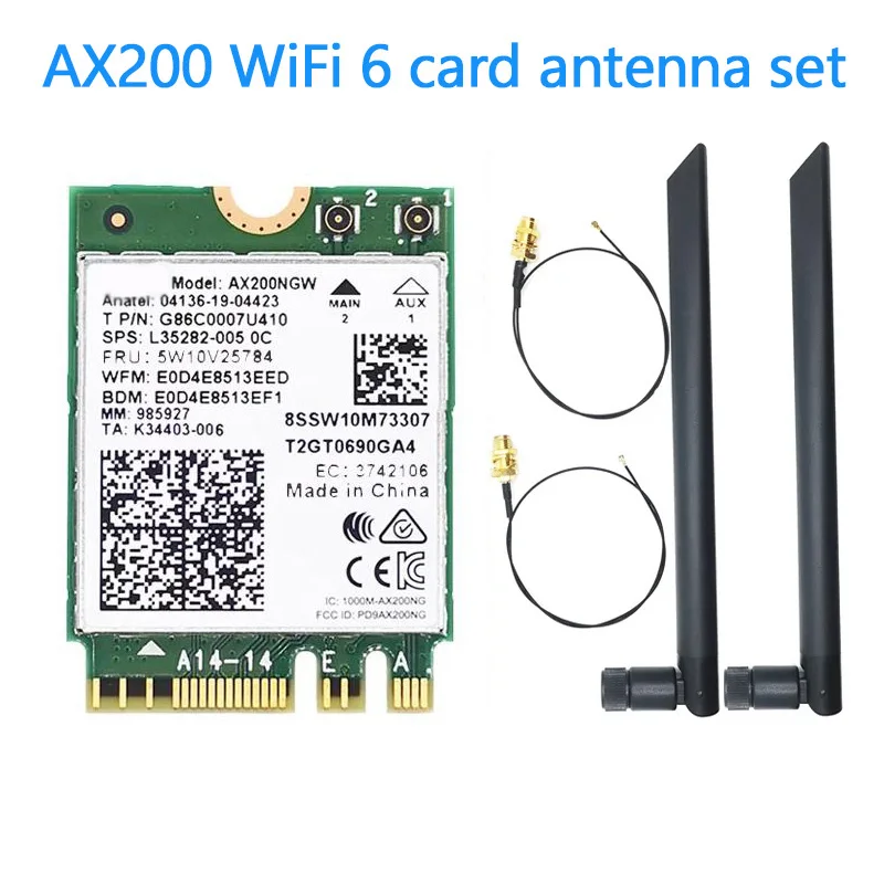 

Двухдиапазонный Wi-Fi 6 беспроводной 2400 Мбит/с AX200NGW NGFF M.2 Wlan адаптер Bluetooth 5,1 Wifi карта 802.11ac/ax AX200 комплект антенн