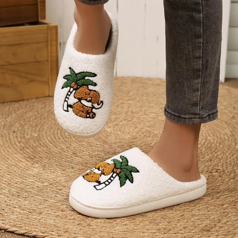 Casual Fluffy Slippers Women House Flats Cute Elephant Cartoon Designer Winter Shoes Girls Home Warm Fashion Popular Footwear