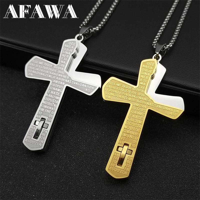 Bosnia Bible Cross Pendant Necklace for Women Men Stainless Steel Gold Color Crucifix Male Chain Jewelry colar masculino ZZZ906