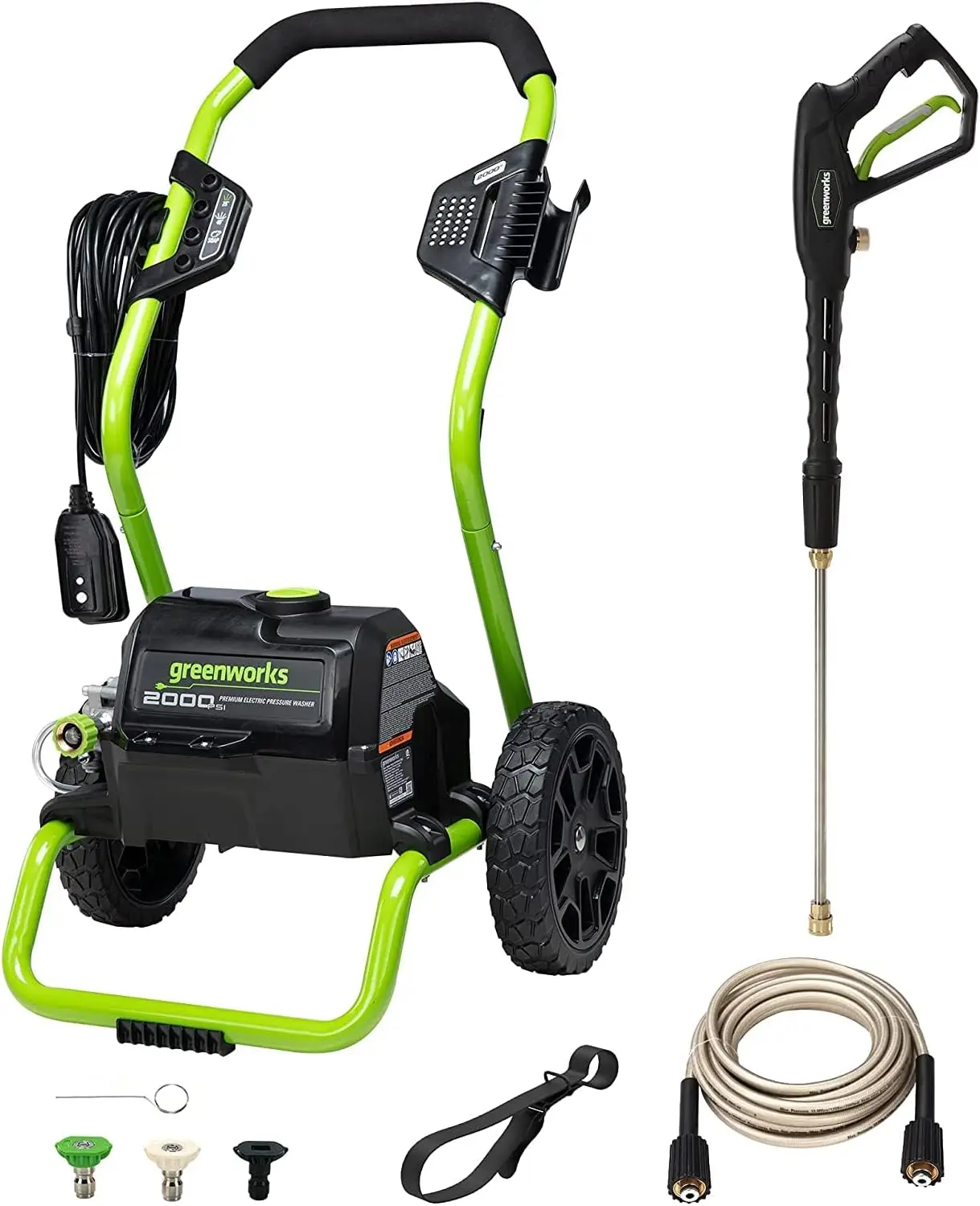 Greenworks 2000 PSI (13 Amp) Electric Pressure Washer (Wheels For Transport / 20 FT Hose / 35 FT Power Cord) Great For Cars