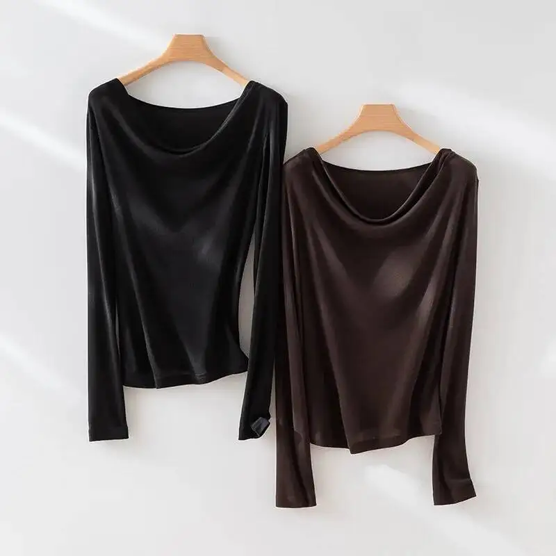 

Swing Collar Long Sleeved T-shirt Women Autumn Lyocell Wool Soft Slim Basic Bottoming Tops