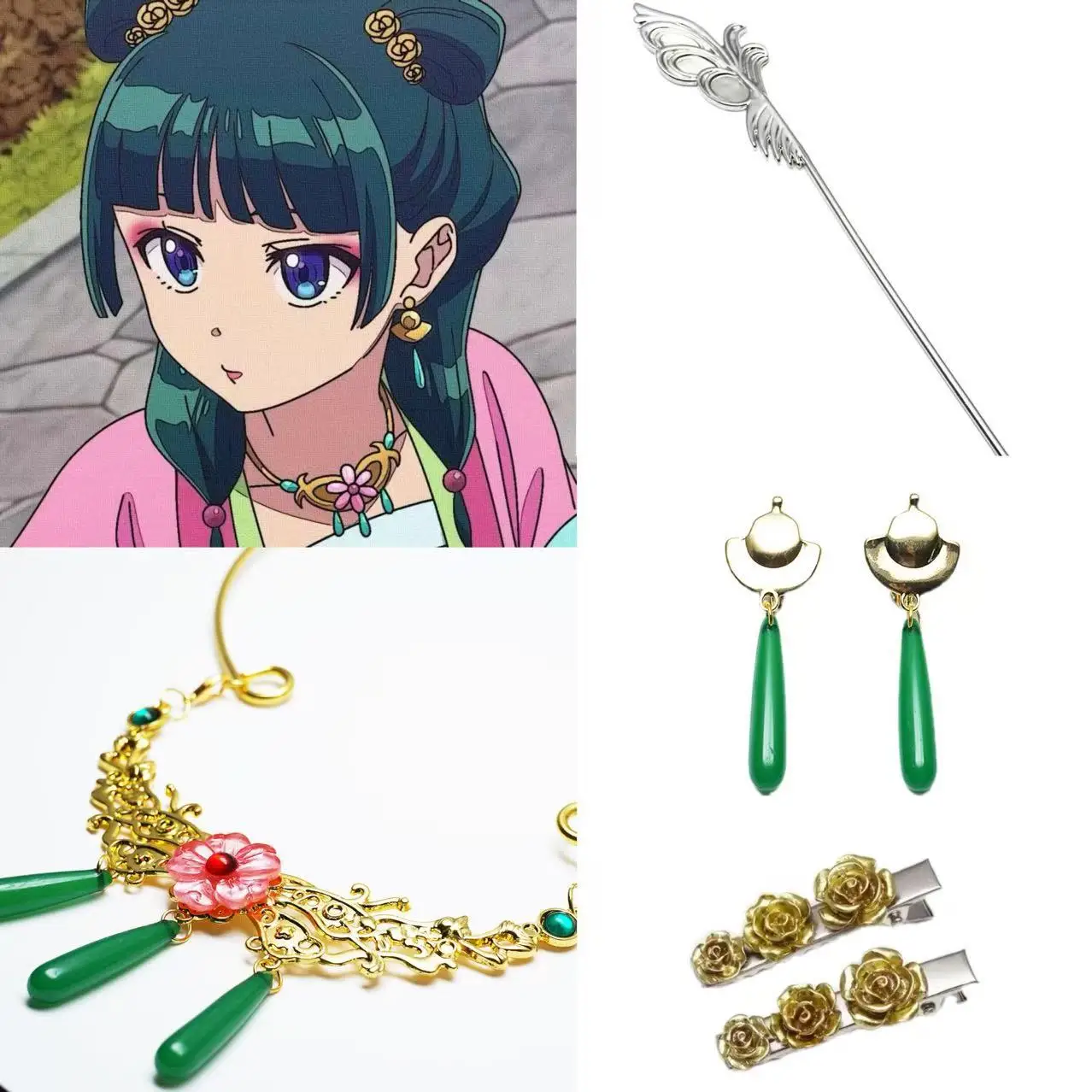 The Apothecary Diaries Cute MaoMao Hair Clip Gold Rose Hair Accessory Earrings Necklace Set Love Hairpin Anime Cosplay Props Gif