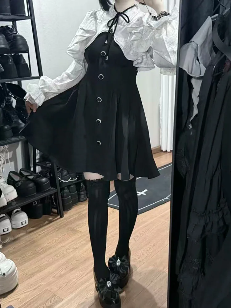 النمط الياباني Kawaii كشكش فستان قصير المرأة جميل الدانتيل تصميم جديد أسود أزياء من الدانتل الربط فو قطعتين فساتين حلوة