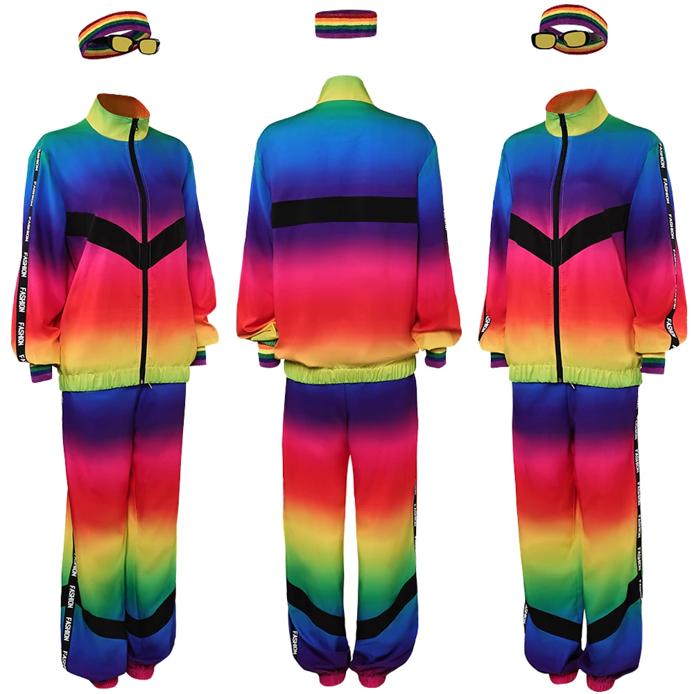 80s Disco Sportwear Cosplay Unisex Colorful Costume Adult Men Women Hip-Hop Dance Coat Pants Handband Glassess Full Set Clothing