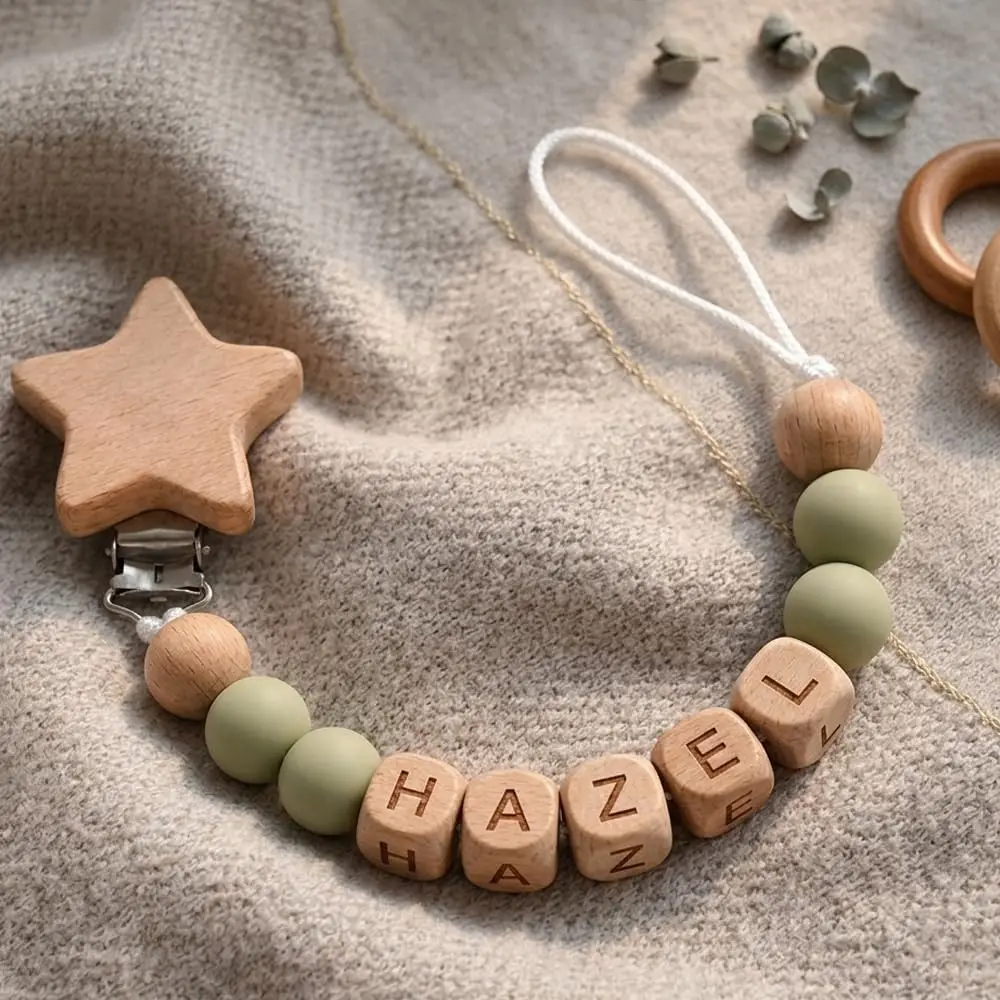 Custom Name Star Wooden Pacifier Clip Silicone Beads Dummy Soother Holder Anti‑Lost Chain BPA‑Free Newborn Baby Shower Gift