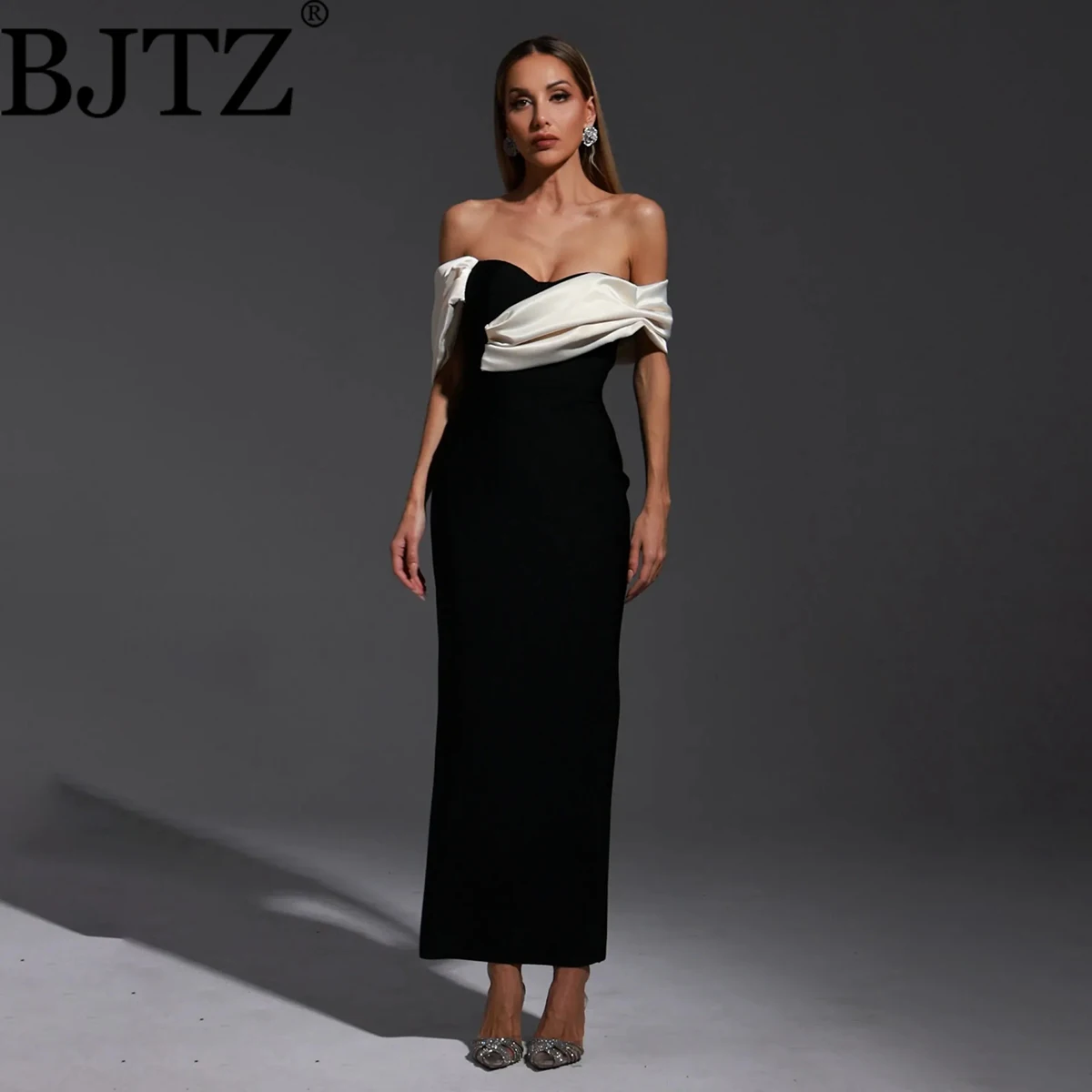 

BJTZ French Strapless Patchwork Bandage Dress Sexy Elegant Bodycon Fitted Waist Evening Party Gown Spring Autumn