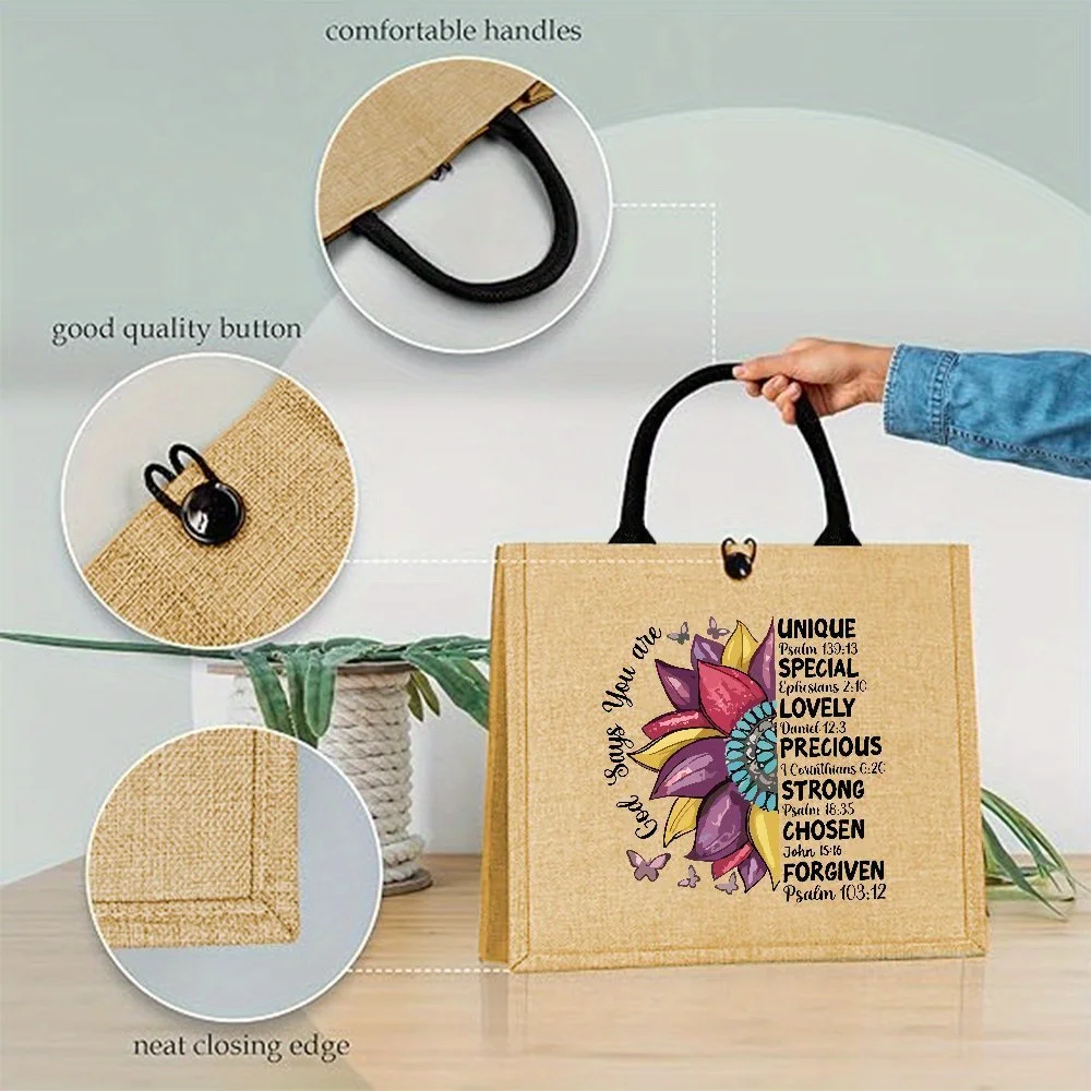 Bible Verse Jute Tote Bag Colorful Sunflower Butterfly Design Women Eco‑Friendly Shoulder Shopping Bag Reusable Shopping Bag