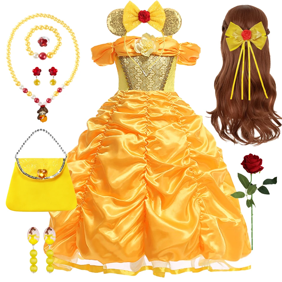 

Girl Belle Princess Dress Live Action Beauty And Beast Yellow Fluffy Elegant Gown Carnival Cosplay Performance Halloween Costume