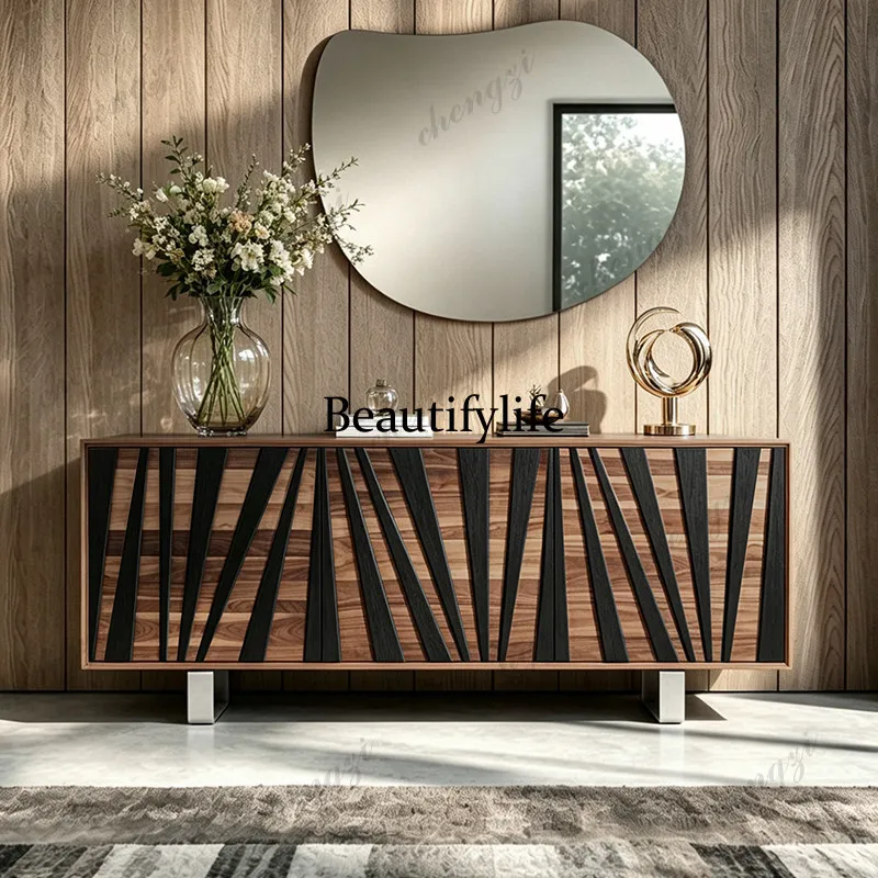 Medieval style solid wood carving dining side cabinet entrance foyer entrance cabinet light luxury design sense