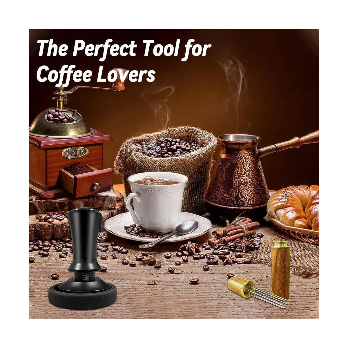 Prensa de café expreso de 51 mm con herramienta WDT calibrada con resorte, con alfombrilla de silicona, para cafetera espresso