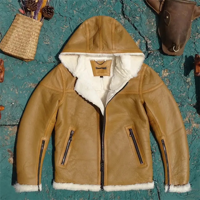 Tailor Brando Turkish Organic Shearling Vintage Men's Hooded Genuine Leather Jacket