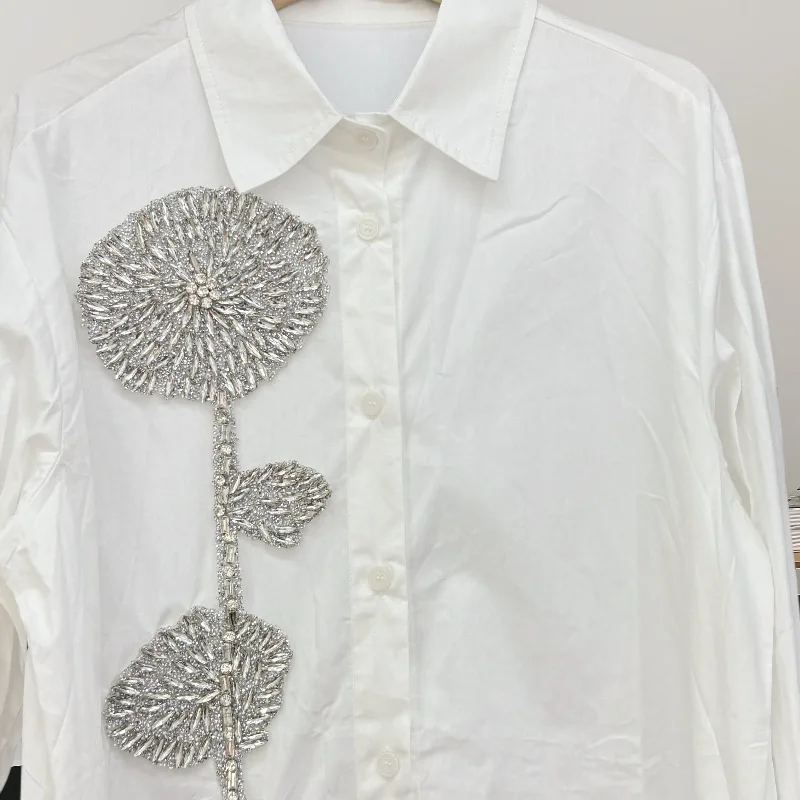 

Autumn Winter New Luxury Heavy Beaded Long Sleeve Floral Button Oversized Shirt Blouse