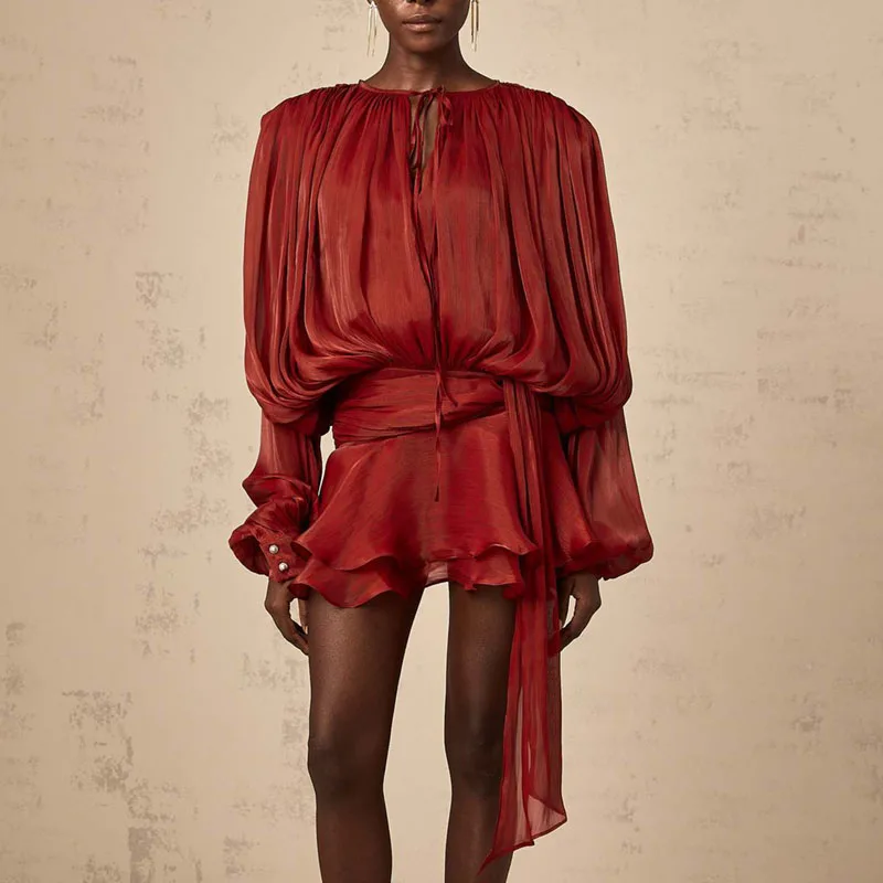 Abiti da donna alla moda 2025 Primavera O Collo con lacci Abiti da festa eleganti in raso Francese Autunno Manica a sbuffo Increspature Mini abito a pieghe