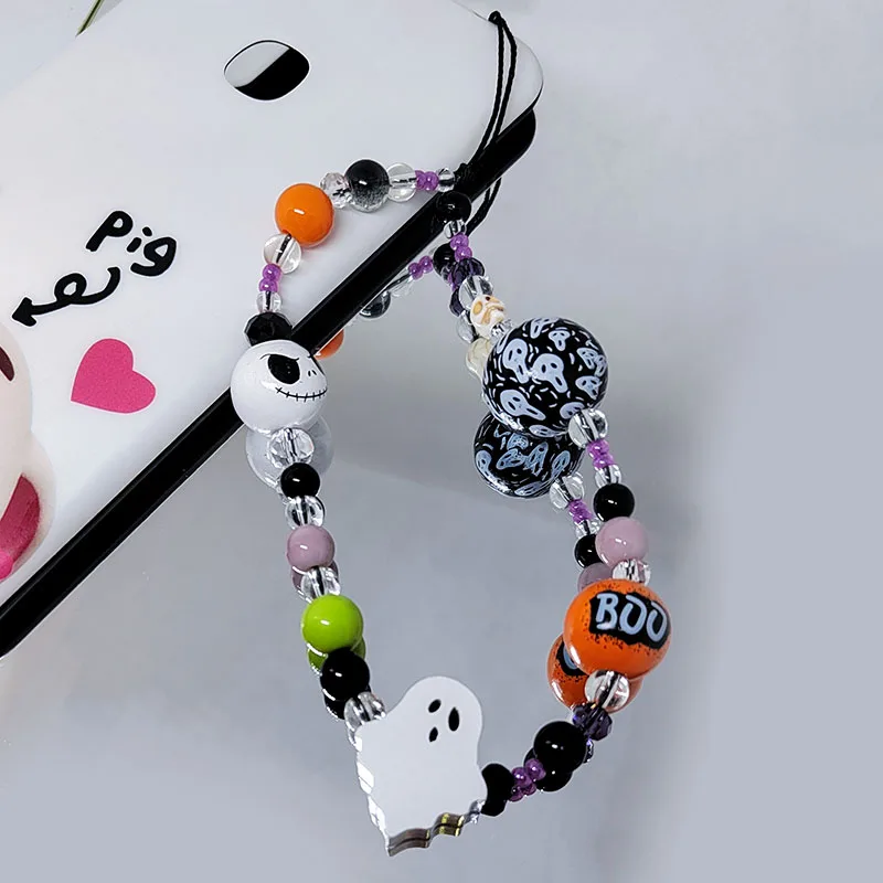 Ghost Face Mobile Phone Charm Halloween Strap Chain Lanyard Black Orange Wood Boo Bead Jewelry Women Wristlet Keychain Gifts